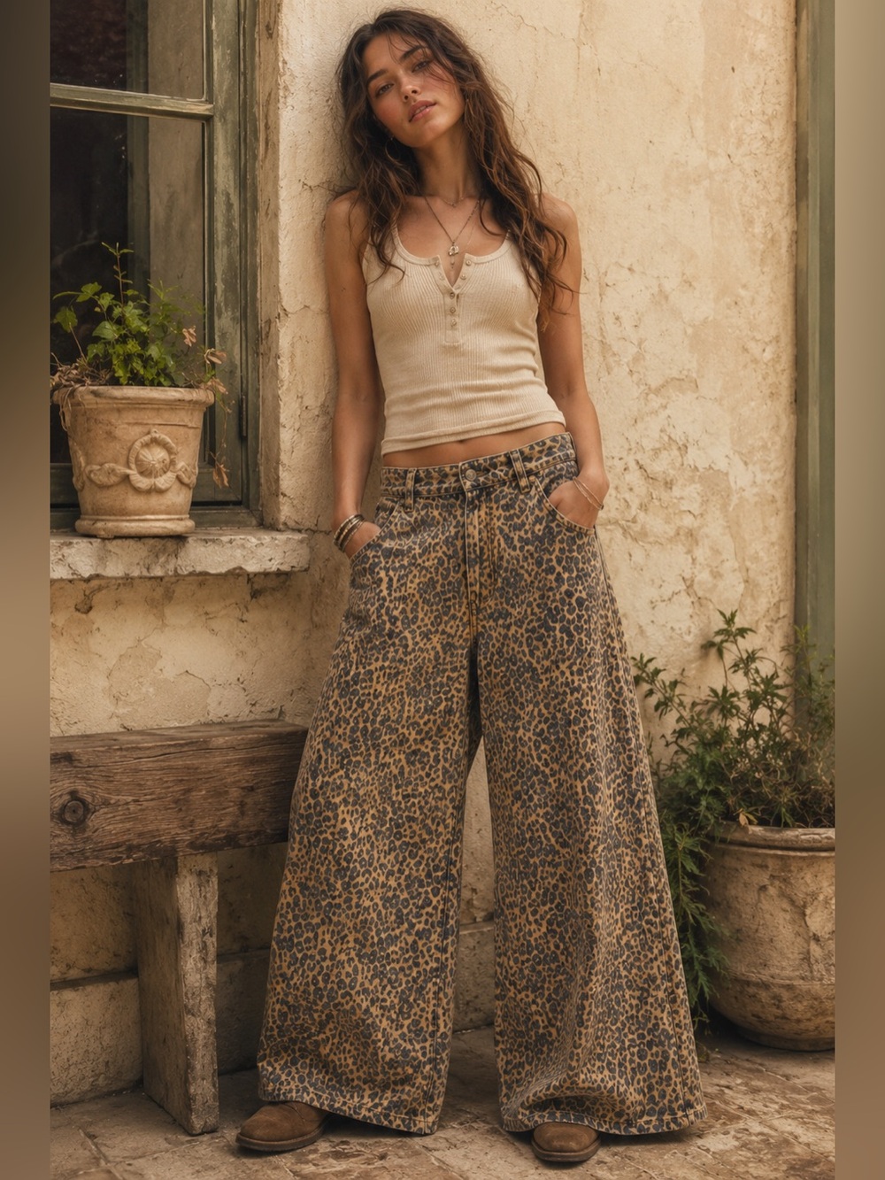 SSYS The Label Leopard Print Wide Leg Palazzo Pants Size 28 Boho Festival
